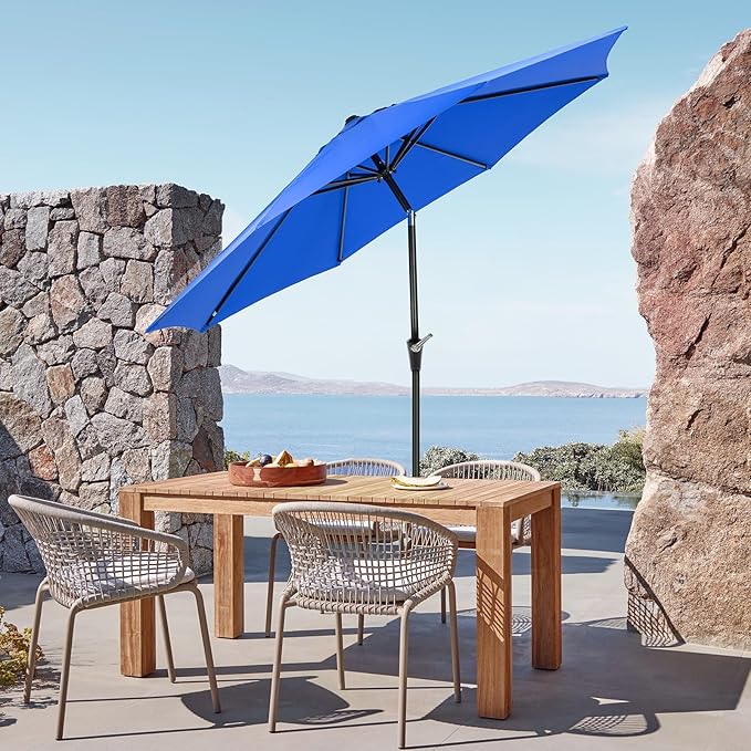 OLIXIS 9FT Patio Table Umbrella with Tilt and Crank Button & 8 Sturdy Ribs Waterproof, 9 Feet Outdoor Patio Umbrella Sun Shade for Poolside, Terrace, Beach and Restaurant, Blue