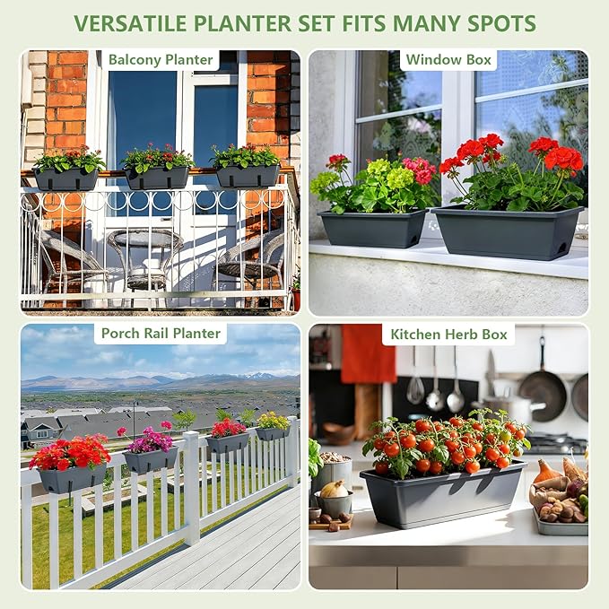 OYEAL Deck Railing Planter Box 4 Pack Window Boxes Planters with Adjustable Brackets, 17 Inch Hanging Flower Pots for Plants for Front Porch, Garden Fence, Apartment Patio Balcony Decor, Grey