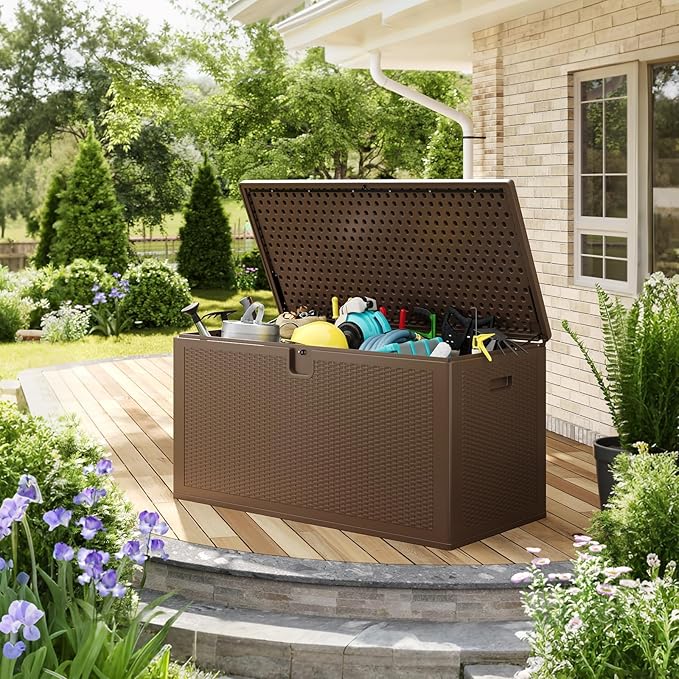 150 Gallon Resin Deck Box Outdoor Storage – Heavy Duty Waterproof & UV-Resistant, Lockable Lid, Reinforced Stability for Patio Cushions, Garden Tools, Pool Supplies, Brown