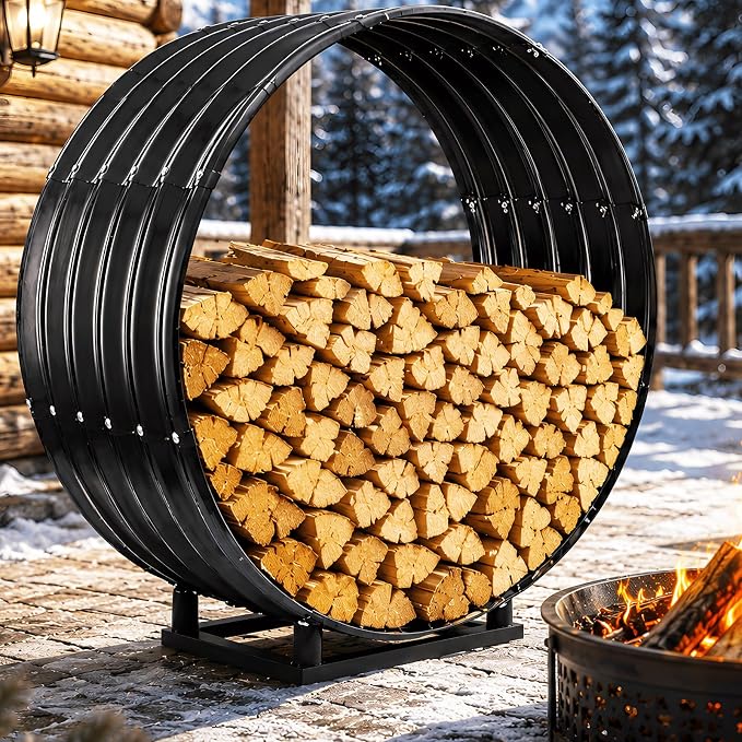 32" Firewood Rack with Roof Cover, Indoor & Outdoor Log Holder Keeps Firewood Dry, Clean & Organized for Fireplace, Patio & Backyard, Heavy-Duty Steel Wood Storage Rack, 500LBS Capacity