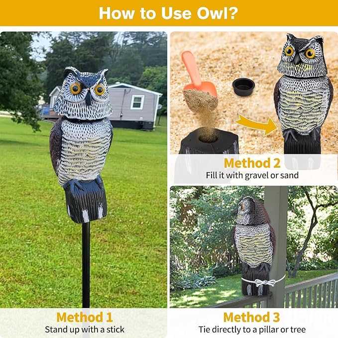Fake Owl Statue to Scare Birds Away, Waterproof Moving Bird Deterrent Owl | Squirrel Repellent with 360° Rotating Head, Large Plastic Bird Control Owl for Outdoor Garden Patios Balcony Pool Barn Roof