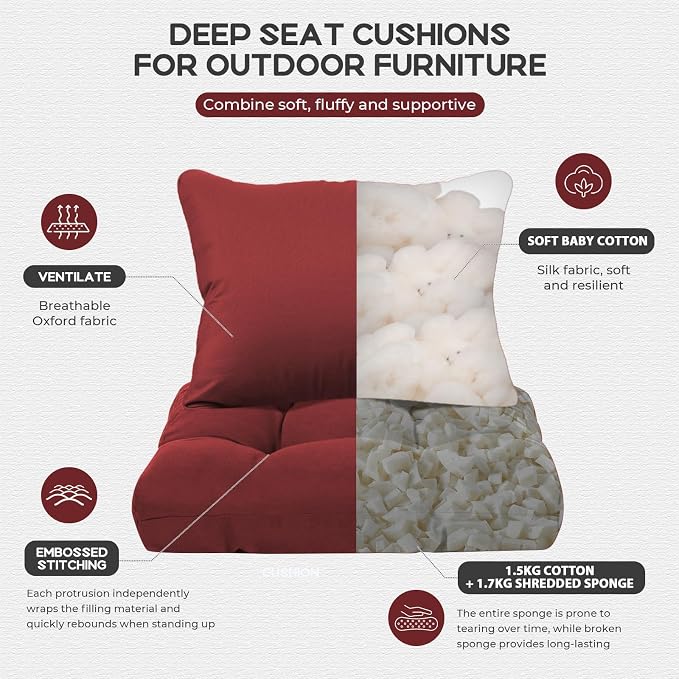 22x22 Waterproof Outdoor Chair Cushions Set of 2, Patio Cushions for Outdoor Furniture Water-Resistant & Fade-Resistant, Deep Seat & Back Cushion for Chair Sofa (Red)