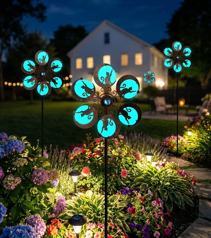 Wind Spinners Outdoor for Yard & Garden, Whimsical Cat Yard Spinner, Metal Wind Spinner with Reflective Acrylic Gem, Outdoor Decorations with Soft Nighttime for Lawn & Patio