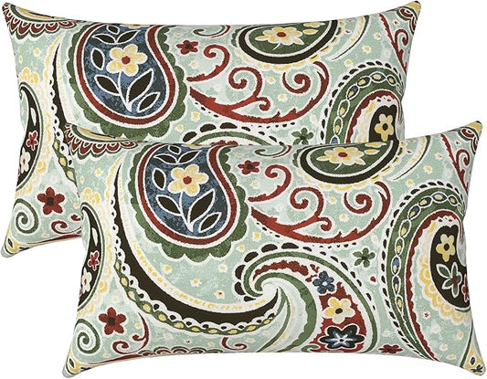 LVTLVTXIII 12×20 Inch Outdoor Lumbar Pillows, Pack of 2 Water Repellent Lumbar Pillow with Inserts, Fluffy Decorative Garden Lumbar Cushions for Home Patio Coach Sofa Use, Paisley Lightcyan