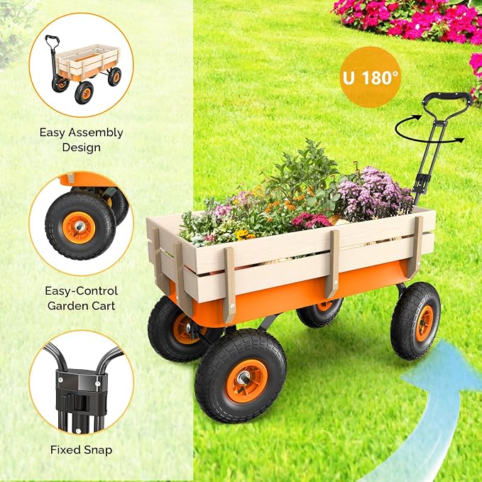 VINGLI Wagon Cart, Steel Frame and Wood Coated Railing, 330lbs All Terrain Wagon 9.2in Tires for Garden and Outdoor (Orange)
