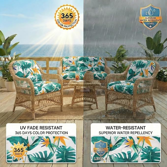 1 MIDDLE ONE Wicker Chair Cushions 3 Pieces Set for Outdoor Furniture, Replacement Patio Wicker Furniture Cushions, 1Pc Loveseat Cushion & 2Pcs Chair Cushions (Tropical Monstera)