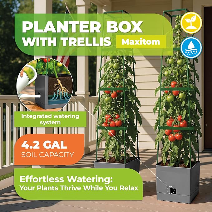 BioGreen 2 Pack Garden Tomato Planter MAXITOM, with Plant Support Trellis 59 inch and Self Watering, 4,2 Gal Planter Box for Climbing Vegetables Plants, Gray