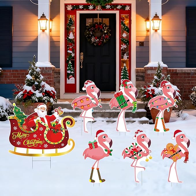 7pcs Christmas In July Flamingo Yard Sign with Stakes Waterproof Outdoor Lawn Garden Holiday Decoration for Patio Front Yard Pool Party Beach Seasonal Festive Decor Eye Catching Flamingo Sign