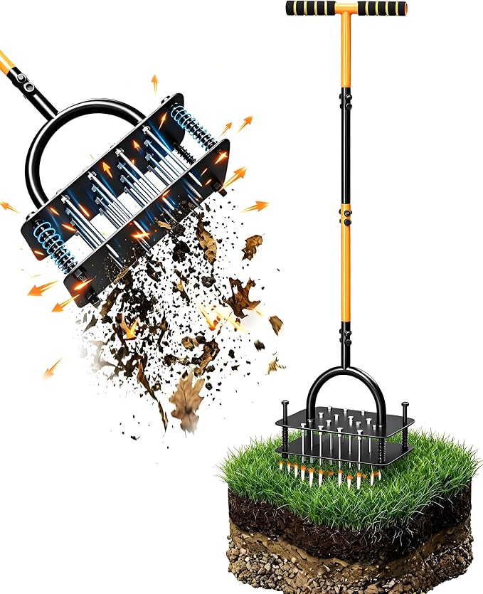 Lawn Aerator Tool, Manual Core Aerator for Lawn with 16 Spikes Spring Base, Automatic Soil Ejection, Pre-Assembled Yard Grass Aerator, Metal Grass Aerator for Yard