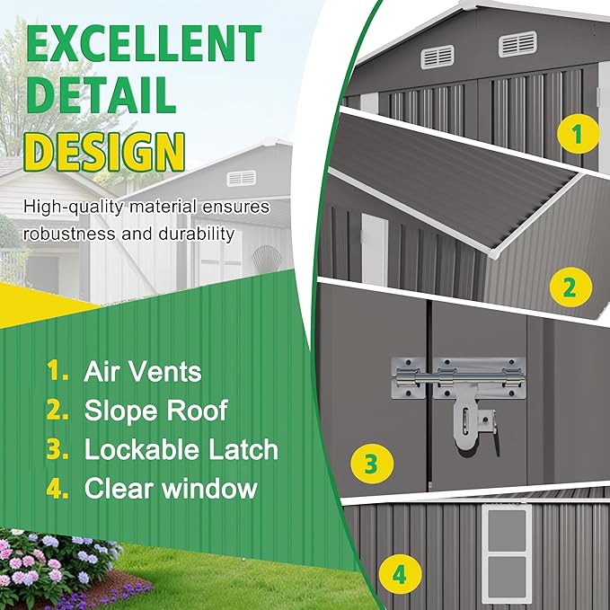 KEIKI 10x12 FT Outdoor Metal Storage Shed with Vent,2 Window and 2 Swing Door,Sloped Roof for Patio Backyard Bicycles