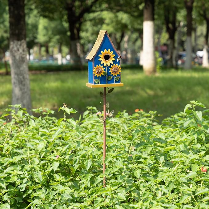 Glitzhome 52.5" Blue Metal Birdhouse Outdoor with Stake, Sunflower Accents Decorative Standing Bird House for Garden, Farmhouse Iron Nesting Box with Vine Details