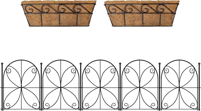 ShopLaLa Bundle- 10 Pack,16.5 Inch Decorative Garden Fence + 2 Pack, 16 Inch Metal Basket with Coco Liner Railing Fence Strawberry Plant Box Flower Bed Rustproof Landscape Edging Outdoor Garden Border