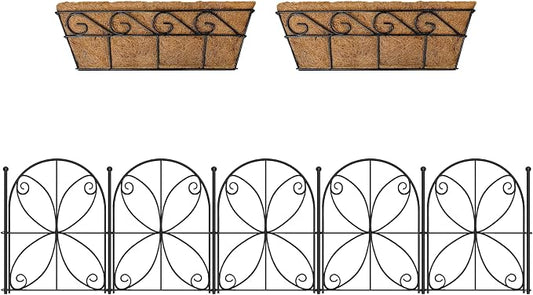 ShopLaLa Bundle- 10 Pack,16.5 Inch Decorative Garden Fence + 2 Pack, 16 Inch Metal Basket with Coco Liner Railing Fence Strawberry Plant Box Flower Bed Rustproof Landscape Edging Outdoor Garden Border