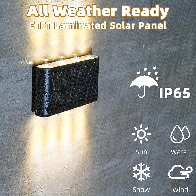 Solar Wall Lights Outdoor, 3000K Warm White, Waterproof, Stylish Mordern Lights, Bright Solar Up and Down Wall Sconce Lighting with 8 LED for Exterior, Porch, Patio, Fence, Garage (2PK)