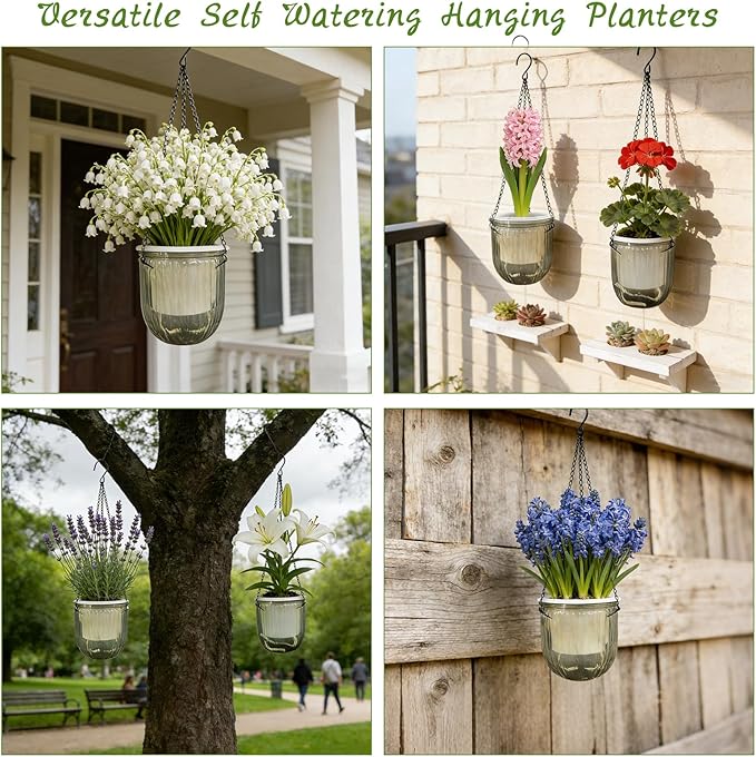 8 Pcs Self Watering Hanging Planters with 3 Hooks Drainage Holes 6.5'' 4.5'' Self Watering Plant Baskets Hanging Flower Pots for Outdoor Indoor Gift Home (Gray)