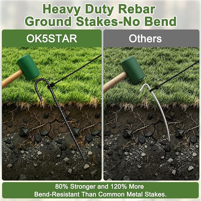 Heavy Duty J Hook Rebar Stakes 12 Inch 32 Pack, High Wind Resistance Metal Tent Stakes, Anti-Rust Galvanized Steel Ground Fence Stake for Securing Fence Bottom, Canopy, Inflatables, Yard Decor