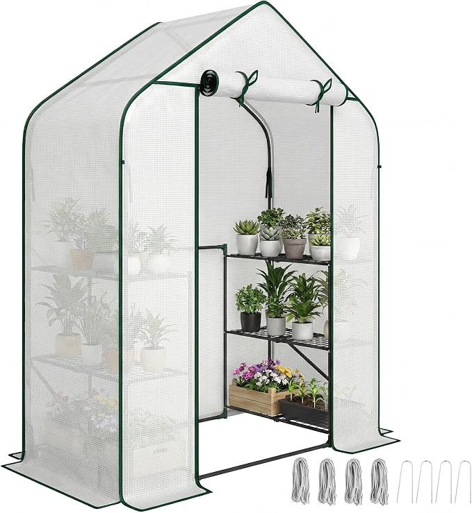 Outsunny 4.7' x 2.3' x 6.2' Small Greenhouse for Outdoors, 3 Tiers 6 Shelves, Portable Greenhouse with UV-Resistant PE Cover, Walk-in Green House with Roll-Up Door, White