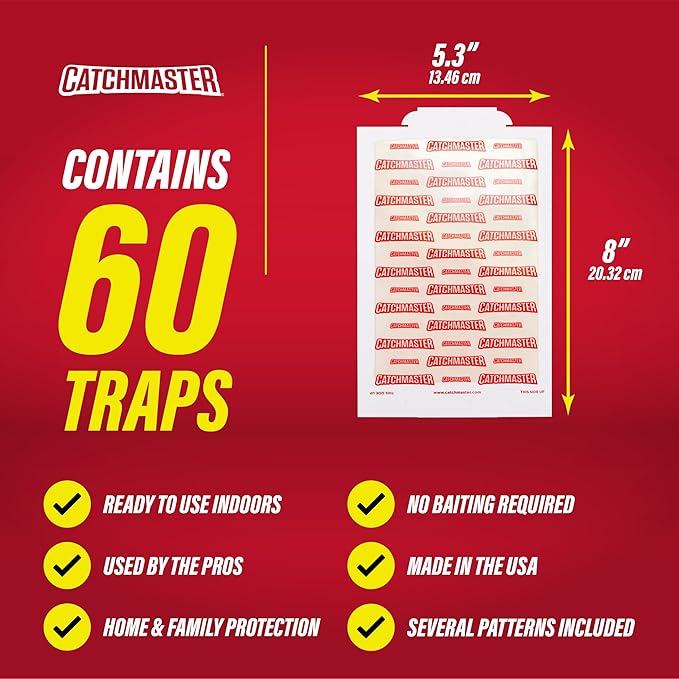 Catchmaster Extra Sticky Insect & Mouse Traps 60-Count, 5.3"x8" Glue Boards for Mice & Insects, Ultra Sticky Rat & MouseTraps Indoor for Home Use in Garages, Basements & Attics, Pest Control for Home