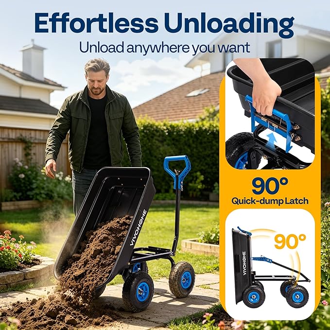 VIVOHOME 4 Cu.Ft 660lbs Wheelbarrow Garden Cart Dump Wagon with 2-in-1 Convertible Handle Attach to ATV or Tractor, 10" All Terrain Wheels, Quick Release Heavy Duty Utility Trailer for Yard-Blue