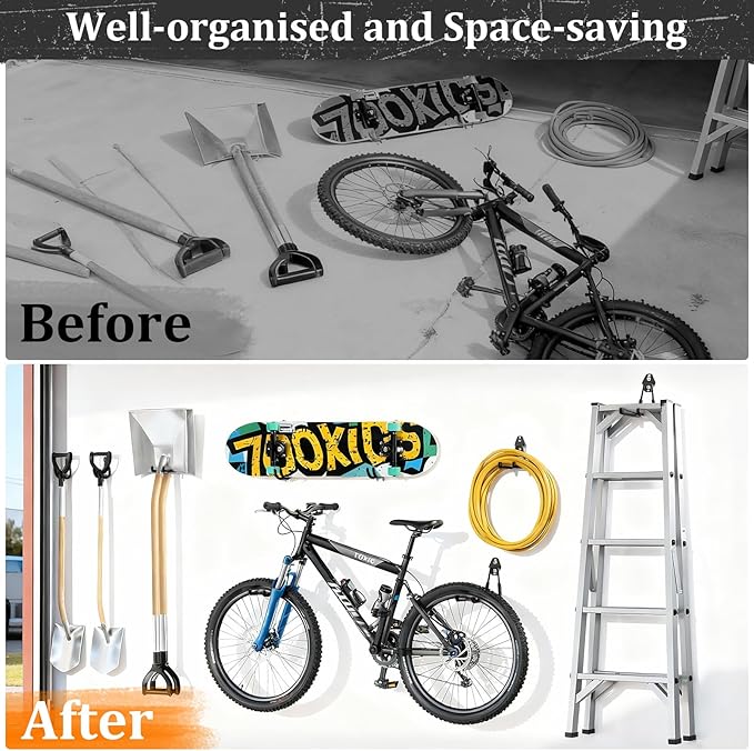 Housolution Steel Garage Hooks - 18Pack Anti-Slip Coating, Heavy Duty Wall Mount Hooks for Bikes, Garden Tools, Ladders, Hose, Bulk Items Ropes, Garage Tool Organizer with Extension Cord Wrap, Black