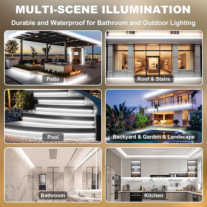 Gliztech IP67 Waterproof COB LED Strip Lights AC 110V-120V Direct Plug, 66FT Super Bright Outdoor Strip Lights with Double Fuse Controller, 6500K White LED Strips for Garden Patio Commercial Decor