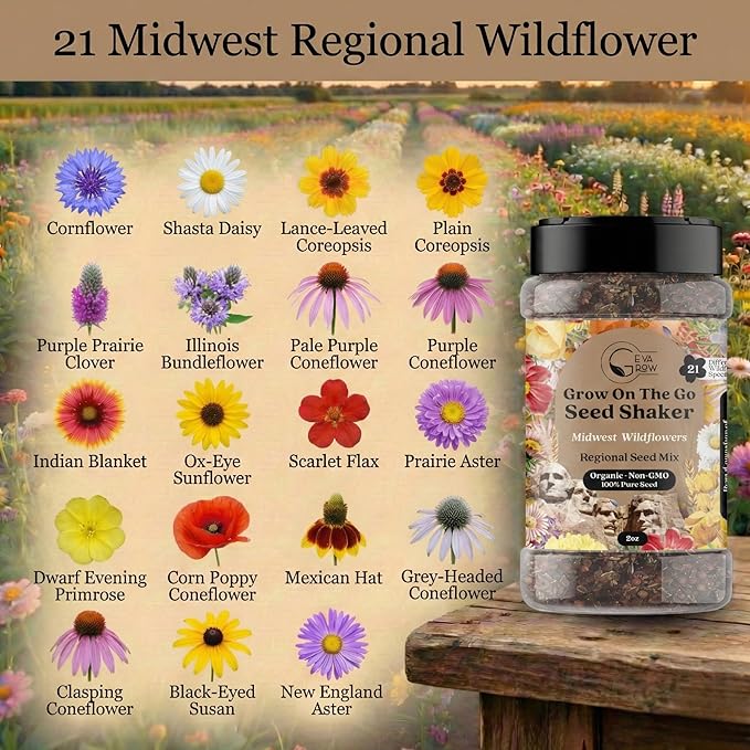 Regional Wildflower Seed Mix by GevaGrow (Midwest Wildflowers, Mini Shaker)