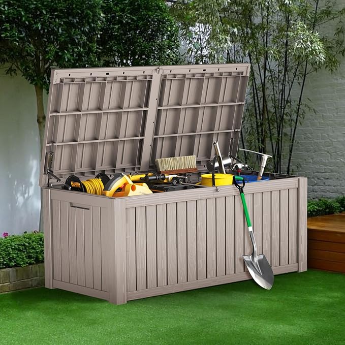 Outdoor Storage Deck Box Waterproof, 180 Gallon Large Lockable Patio Storage Bin Chest, Resin Outside Container Seat Bench for Furniture Cushions, Pool Accessories, Garden Tools & Delivery, Grey