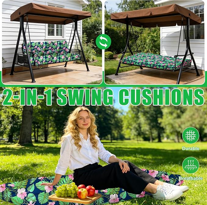 Porch Swing Cushions 60 inch Waterproof & Fade Resistant Thicken 5" Outdoor Swing Cushions 3 Seater Replacement with Backrest & Ties Patio Swing Cushions for Outdoor Furniture (Green Leaves)