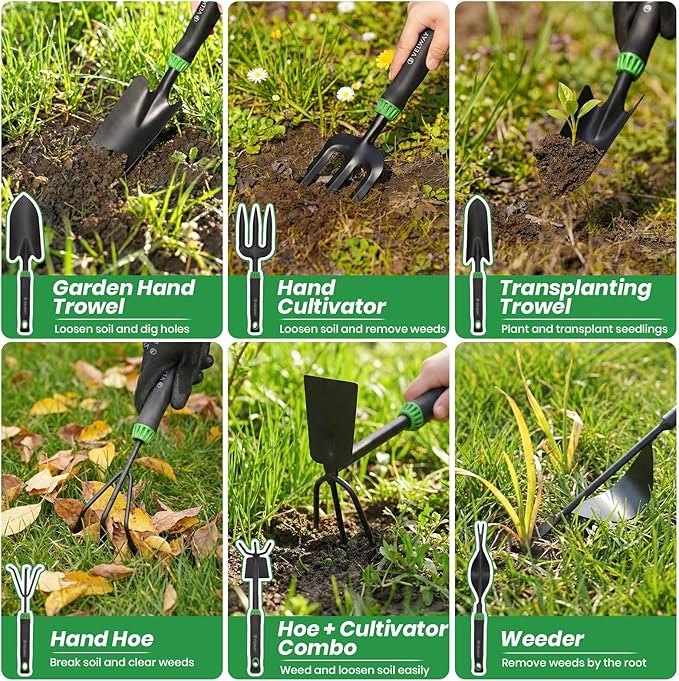 Velway 11-Piece Garden Tools Set Heavy Duty with Ergonomic Handles | Hand Tool Kit with Ergonomic Handles, Rust-Proof, Carry Tote Bag – Gardening Gifts for Women & Men (Green)