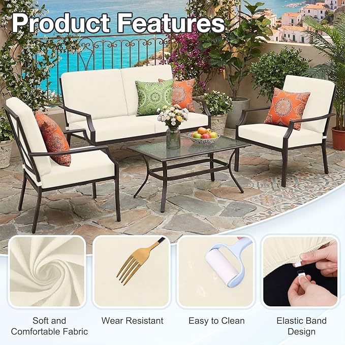 hyha Waterproof Outdoor Cushion Covers for Patio Furniture, Stretch Patio Chair Cushion Slipcovers, Coated UV Resistant Replacement Seat Covers, Solid Color (Beige, 14PC)