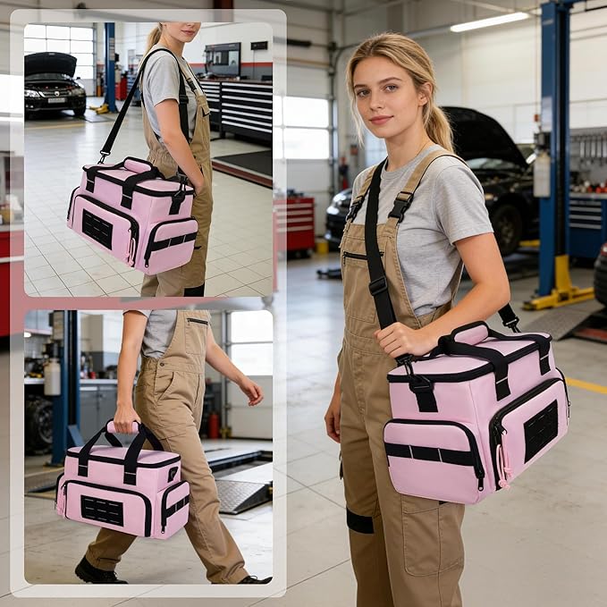 Pink Tool Bag for Women with 2 Clear Pouches, 12-inch Tool Storage Organizer, Double Layer Tool Box for Electrician, Carpenters, Repairman, Pink