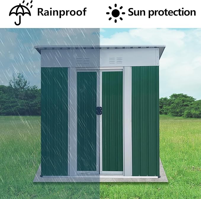 YOPTO 5X3 FT Outdoor Storage Sheds,Metal Small Mini Sheds with Pent Roof and Sliding Door, Garden Tool House W/Lockable Door & Vents,Waterproof Kit for Backyard Lawn Barbeque Bike,Green