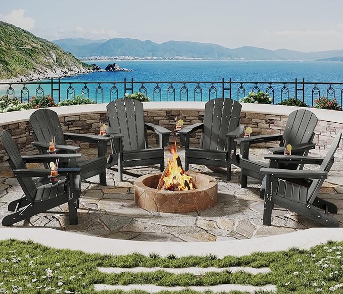 GarveeLife Folding Adirondack Chair Set of 6, All-Weather HDPE Outdoor Chair, Wooden Textured with Cup Holder for patios, Decks, Gardens, fire pits, Grey