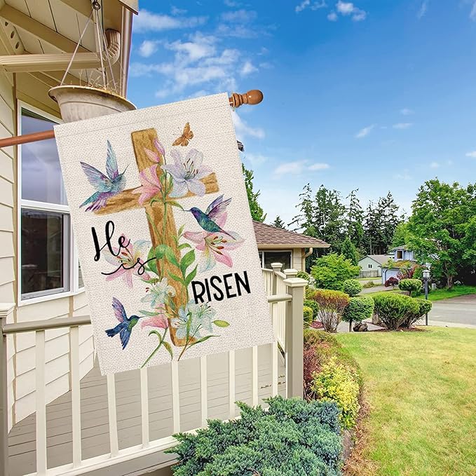 Easter Garden Flag Religious Cross Christian He is Risen Flower 28 x 40 Inch Burlap Double Sided Vertical Holiday Seasonal Spring Farmhouse Yard Outdoor Decorations