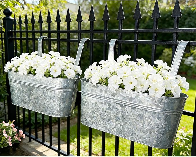 Balcony Galvanized Hanging Planters Railing Flower Pots, Outdoor Metal Fence Planter Pot with Detachable Hooks Drain Hole for Garden Patio Yard Decor (17 Inch, 4Pcs)