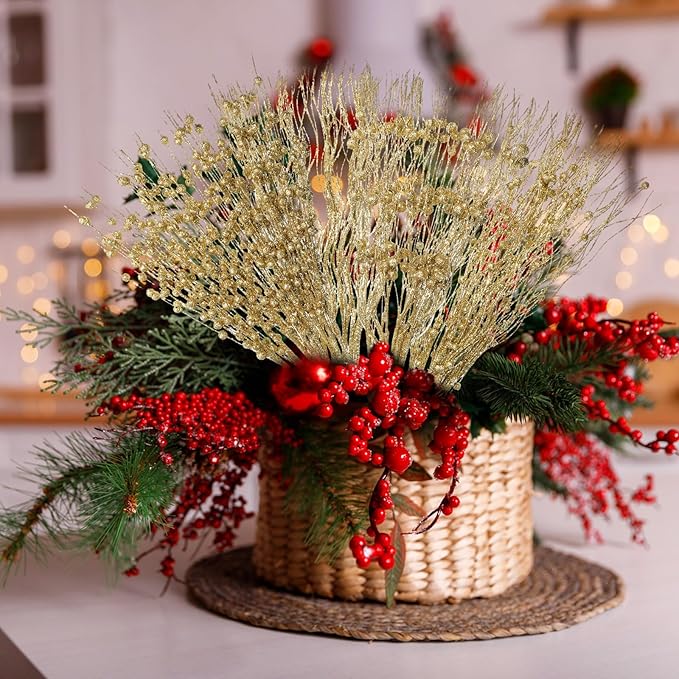 Yuxung 36 Pcs 17'' 15'' Christmas Artificial Glitter Berry Stems 4 Styles Xmas Decorative Tree Picks Branches Large Glittery Twigs for Christmas Tree Xmas Wreath Vase Filler(Gold)