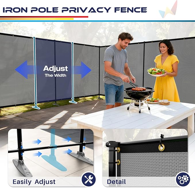 Windscreen4less Outdoor Privacy Fence Screen, 5'x82' Freestanding Privacy Fencing Set with Iron Poles and Ground Spikes, UV Resistant Mesh Cover Garden Pet Fencing for Backyard Patio Pool, Light Gray