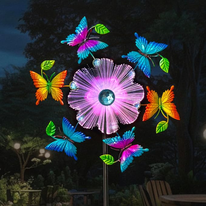 44" Butterfly Wind Spinners Garden Whirligigs, Solar Flower Butterfly Wind Sculpture Yard Art Decorations for Lawn, Patio & Yard & Garden Decor, Metal Wind Spinners Outdoor Decor