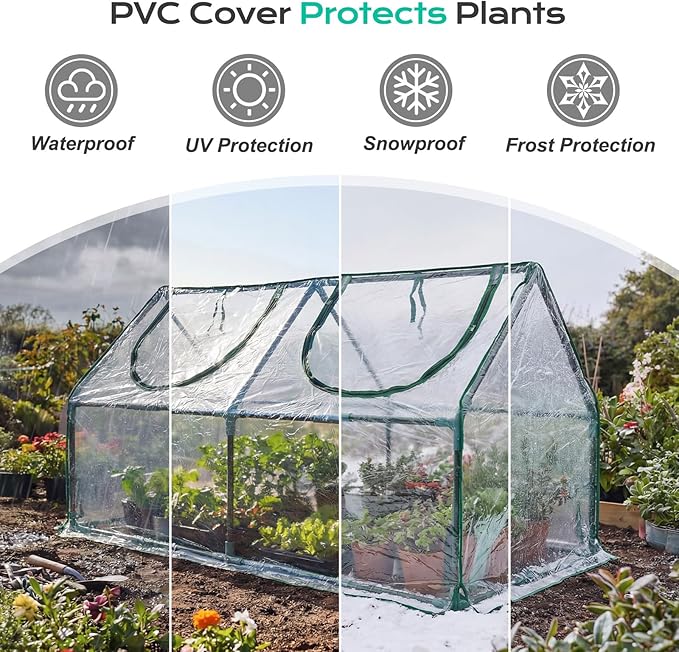 BPS 6x3x3 ft Mini Greenhouse with Transparent PVC Cover UV-Protected Roll-Up Zipper Windows, Ideal for Indoor or Outdoor Use on Raised Garden Beds