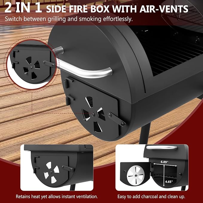 Charcoal Grill Offset Smoker, 744.5 Sq.In Outdoor BBQ Smoker Grill with Side Fire Box, 4-Position Charcoal Pan, Built-in Thermometer, Side Table & Wheels for Backyard Patio Camping