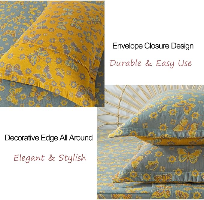 FADFAY Butterfly Sheets Set Queen Vintage Yellow Grey Floral Bedding Shabby Farmhouse Bedding Super Soft Washed Double -Layer Muslin Sheets 100% Cotton Deep Pocket Fitted Sheet 4Pcs, Queen Size