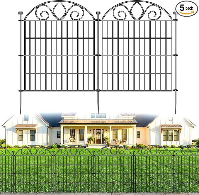 5 Panels No Dig Decorative Garden Fence Panel – 28" H X 9.8' L Rustproof Metal Dog Fence Outdoor for Yard, Animal Barrier Fence for Pet, Garden Border, Patio, Flower Beds| Temporary Fencing