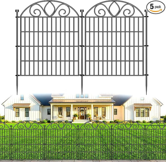 5 Panels No Dig Decorative Garden Fence Panel – 28" H X 9.8' L Rustproof Metal Dog Fence Outdoor for Yard, Animal Barrier Fence for Pet, Garden Border, Patio, Flower Beds| Temporary Fencing