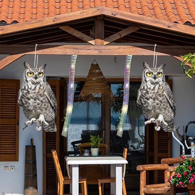 5PCS Reflective Plastic Owl Hanging Decoration Dual-Side Printed Raster Fake Eagle Garden Owl with Scare Tape for Garden Patio Windows