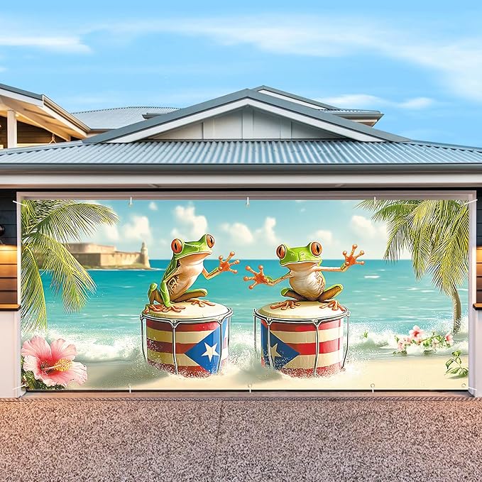 7 * 16FT Summer Puerto Rico Garage Door Cover Decorations Sunset Palm Trees Garage Door Banner for Outdoor Indoor Summer Party Photography Backdrop