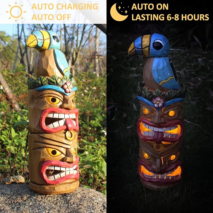 Tiki Totem Pole Solar Powered Garden Statue Decor- Tiki Decorations for Tiki Bar Outdoor Patio Balcony Lawn Yard Backyard