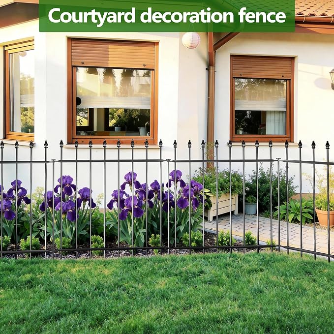 Decorative Metal Garden Fence，(12 Panels+ 13 Posts), Total Iength24 ft(W) x 24 in(H), High Metal Border Fence, Classic Roman Column Decoration, Garden and Lawn Landscape Fence, Black Animal Fence