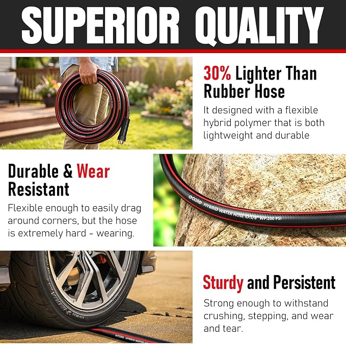 Heavy Duty Garden Hose 50ft, NON-EXPANDABLE Flexible Water Hose, Kink Resistant Lightweight Hybrid Hose, Leakproof Hose Male to Female Fittings