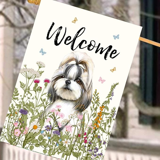 Floral Shih Tzu Garden Flag Spring Summer House Flags 28 x 40 Double Sided Flower Dog Yard Flags for Outside Large Outdoor Welcome Flags