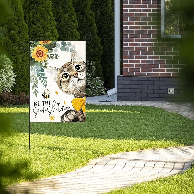 Summer Cat Garden Flag for Outside 12x18 Double Sided,Be The Sunshine Cat with Sunflowers Small Yard Flags, Seasonal Decor for Spring Farmhouse Holiday Outdoor